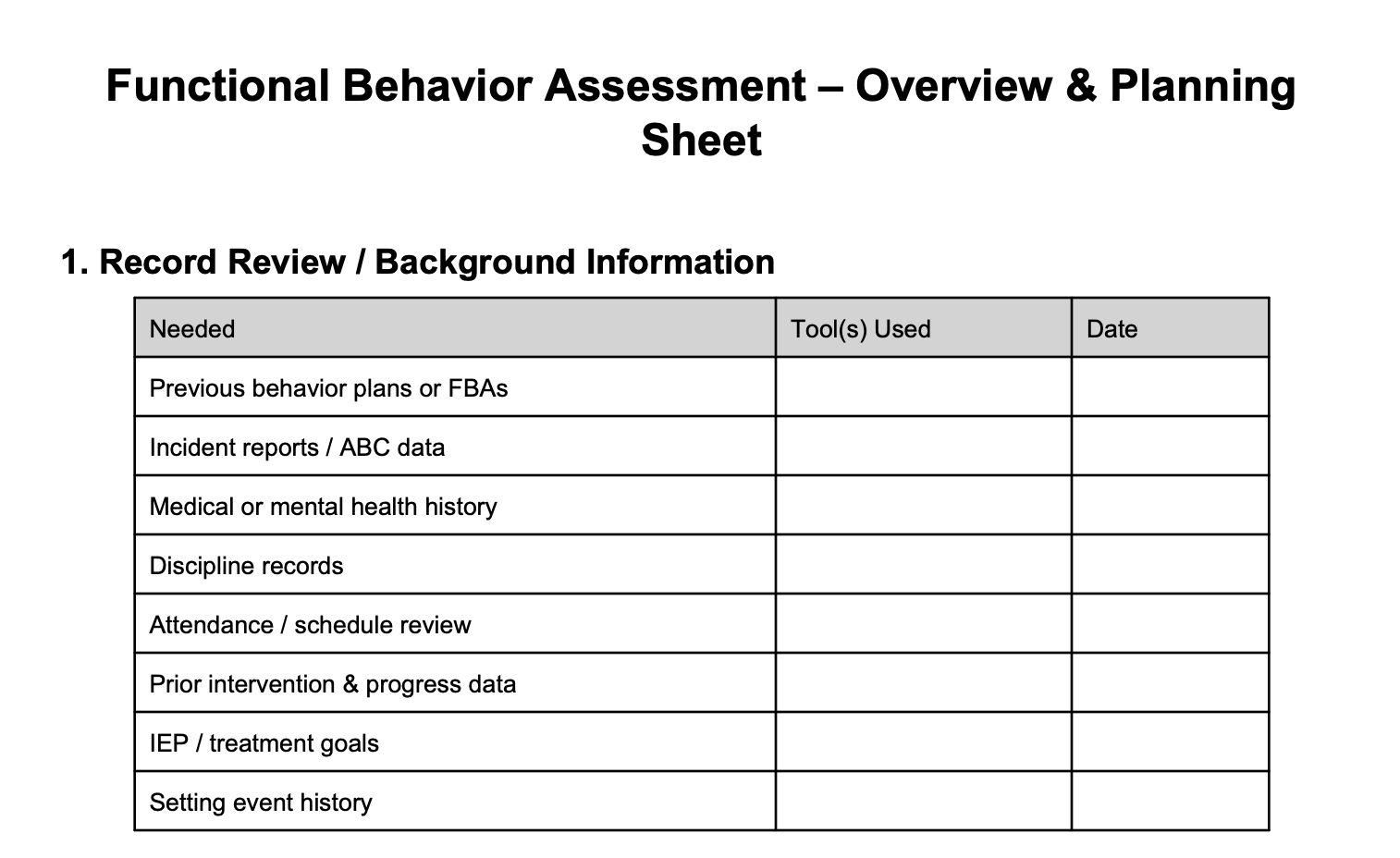 Functional Behavior Assessment Planning Sheet